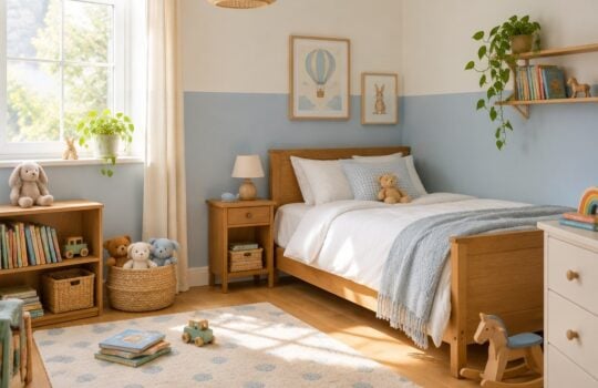 Cameretta dei bambini luminosa con pareti azzurro polvere e crema dipinte con pittura sicura