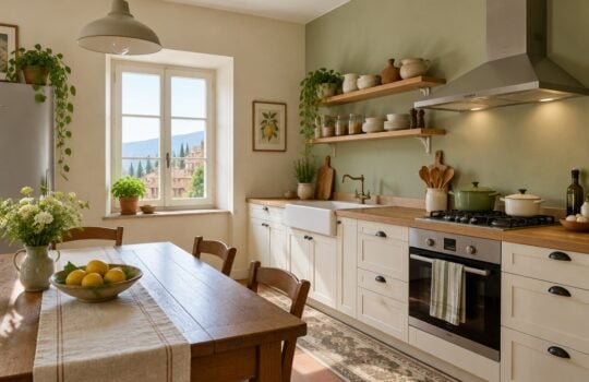 Cucina moderna con pareti dipinte in verde salvia e bianco caldo con idropittura lavabile