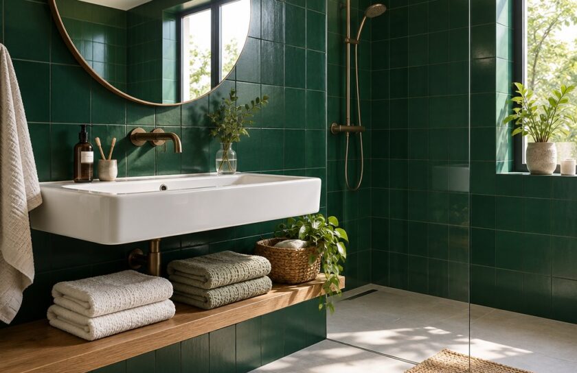 Bagno rinnovato pitturando le piastrelle con smalto verde smeraldo satinato