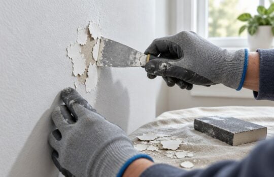 Riparazione di un difetto di pittura sulla parete con spatola e carta abrasiva
